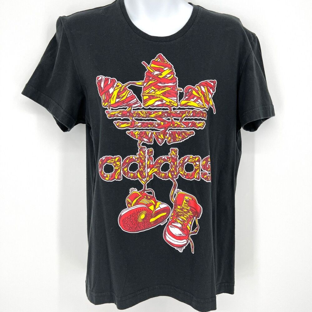 Adidas black shoelace trefoil red yellow graphic t shirt Size S
